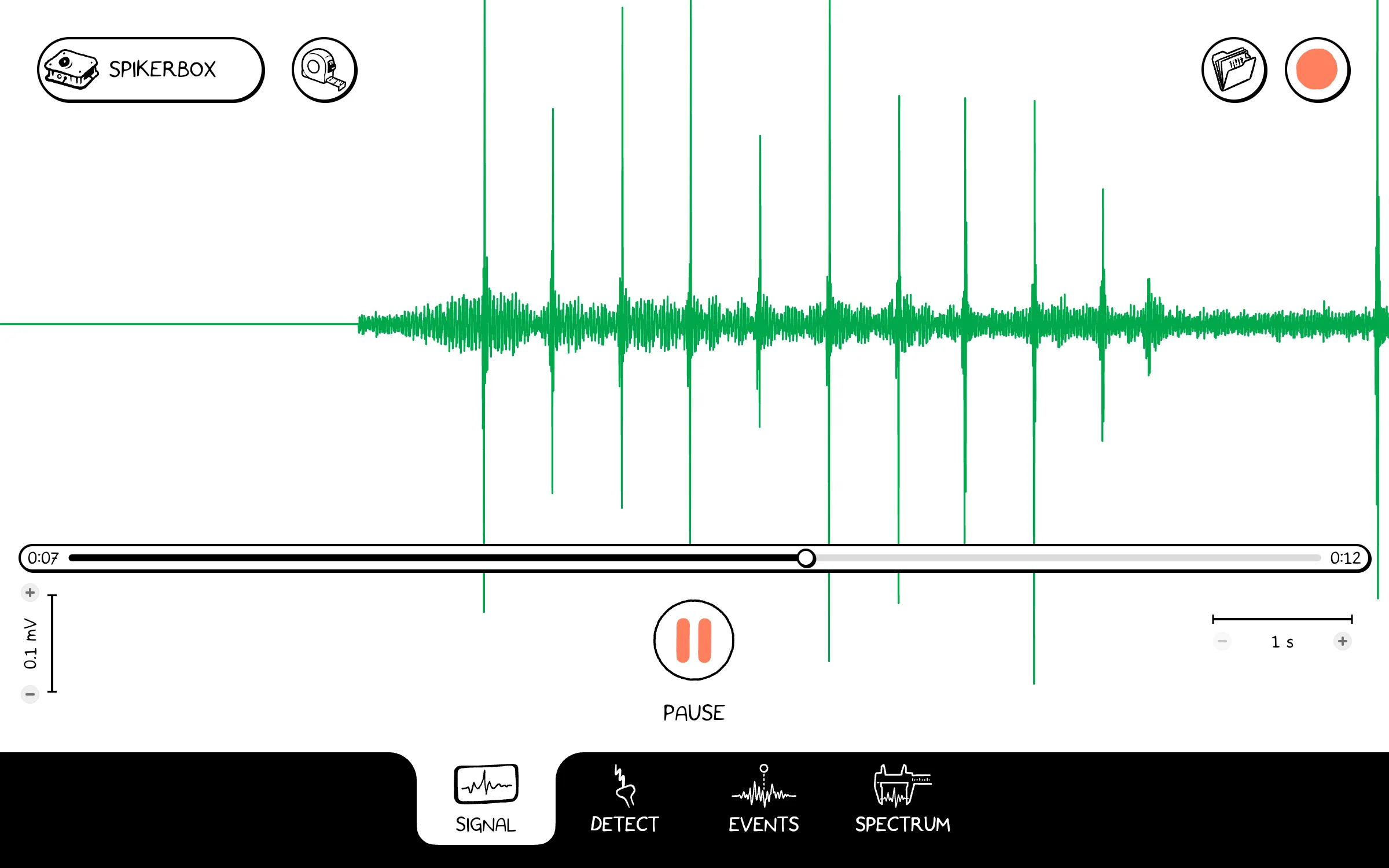 The Signal tab playing back a saved recording with a row of tall spikes.