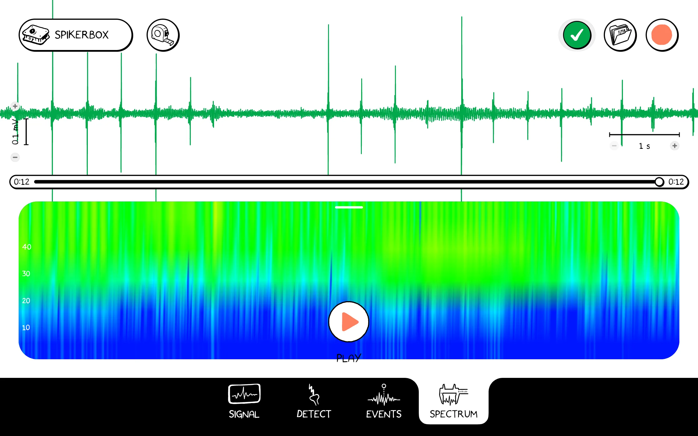 The Spectrum tab: the same recording above, and its spectrogram in blue and green below.